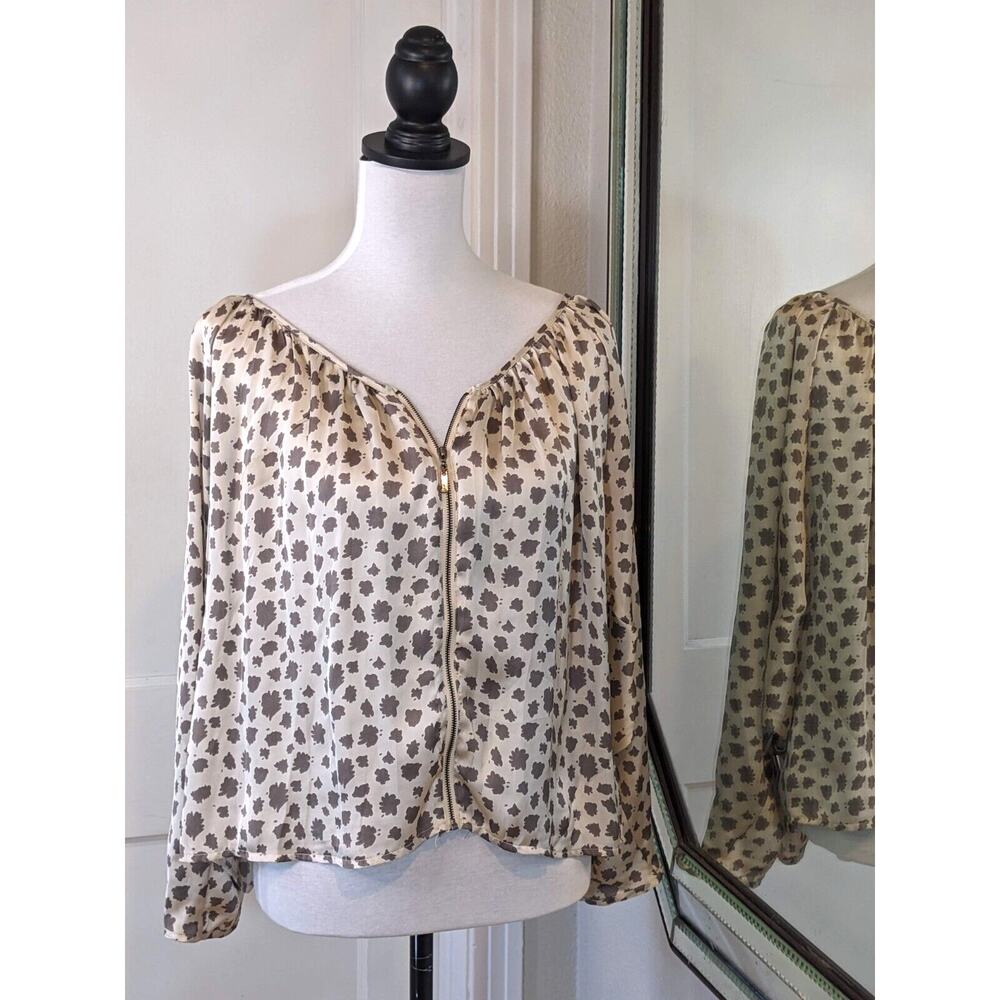 New Neutral Mocha Animal Print Zip Up Blouse PM Dolman Sleeves Silky Adiva